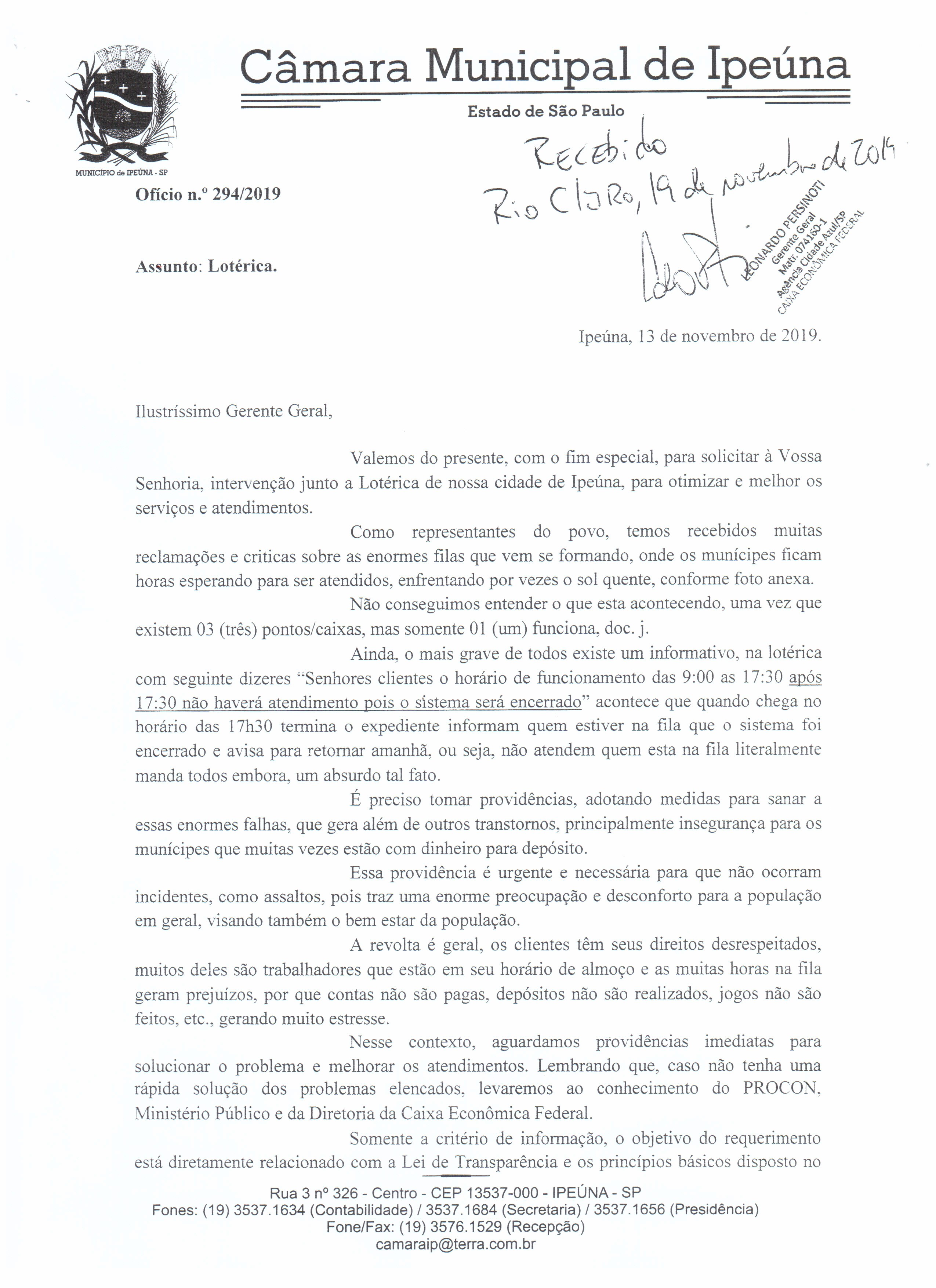 Ofício à Caixa solicitando melhorias na Lotérica