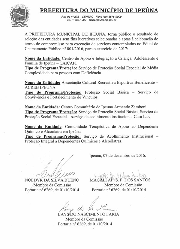 Resultado de seleção das entidades sem fins lucrativos selecionadas 2017