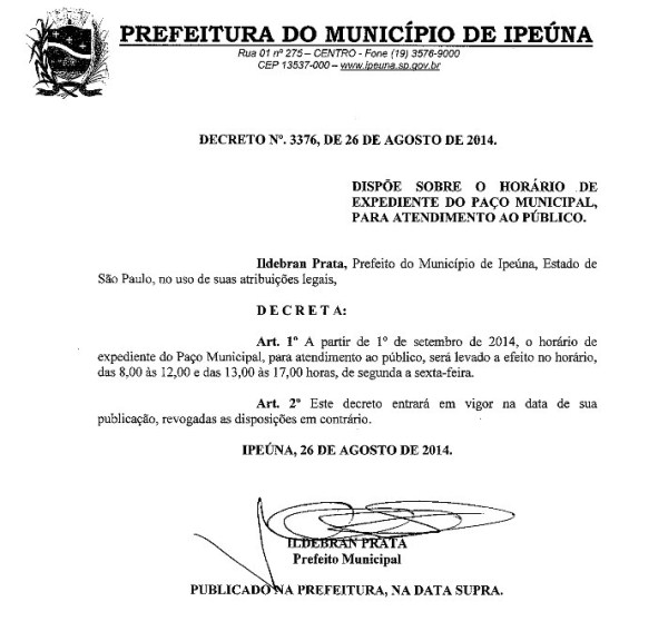 Paço Municipal terá novo expediente 