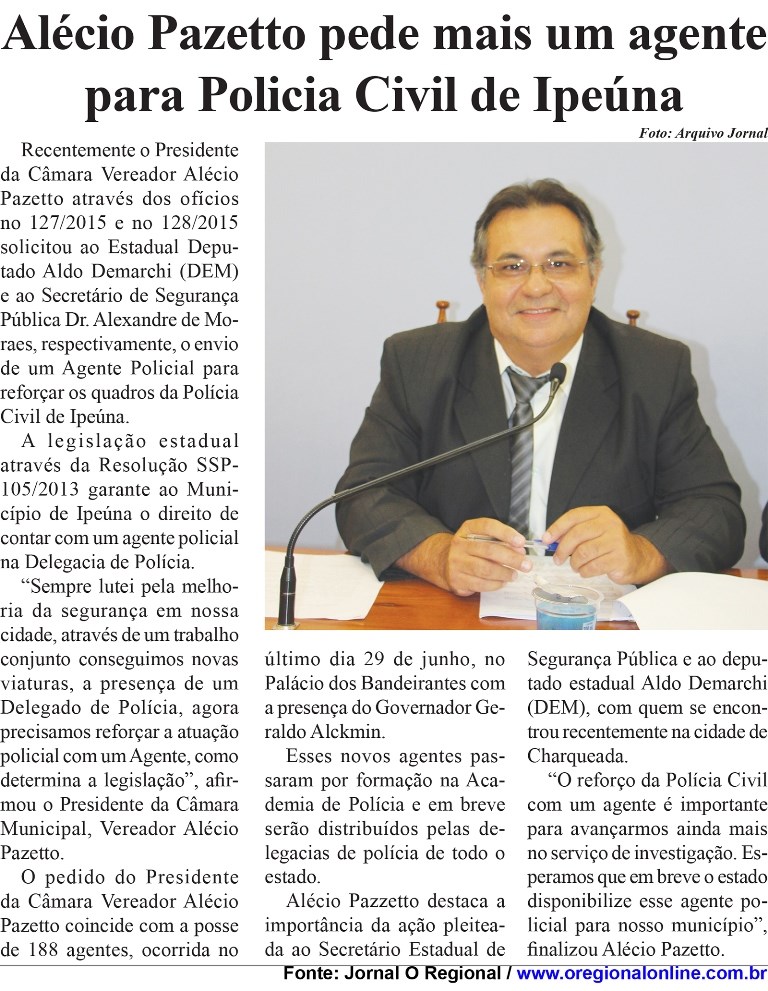 Alécio Pazetto pede mais um agente para Polícia Civil de Ipeúna
