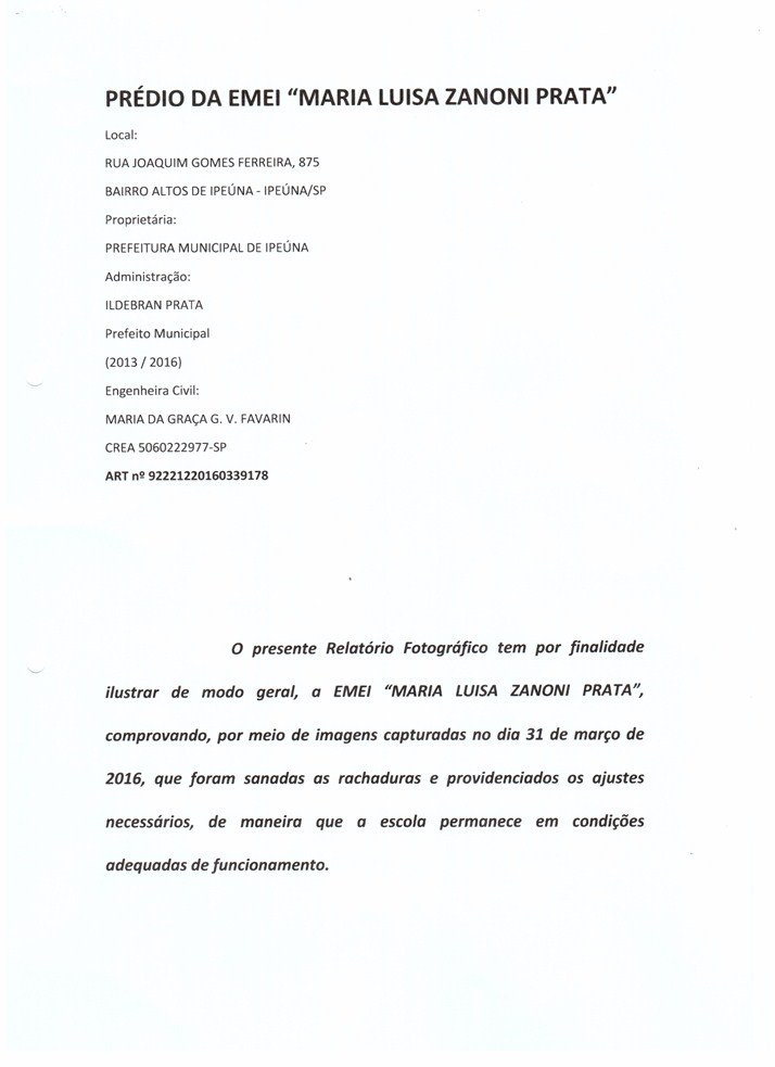 Informe sobre a EMEI Maria Luisa Zanoni Prata.